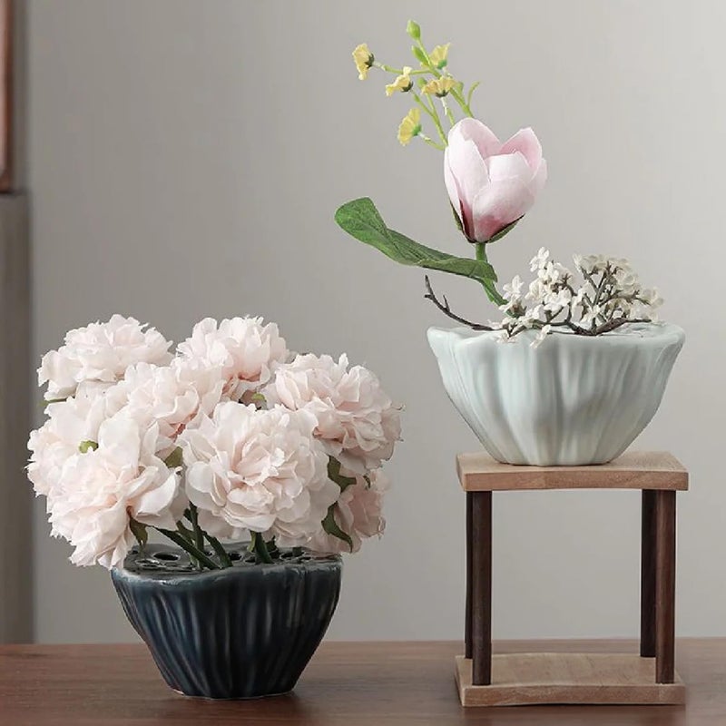 Eggone Lotus Pod Flower Arrangement Vase, Ceramic Flower Frog Pot, Ikebana Stem Holder, Decorative Flower Frog Container, Floral Arrangement Bowl for Tea Table, Ceramic Flower Vase Kenzan (Dark Blue) - Image 2